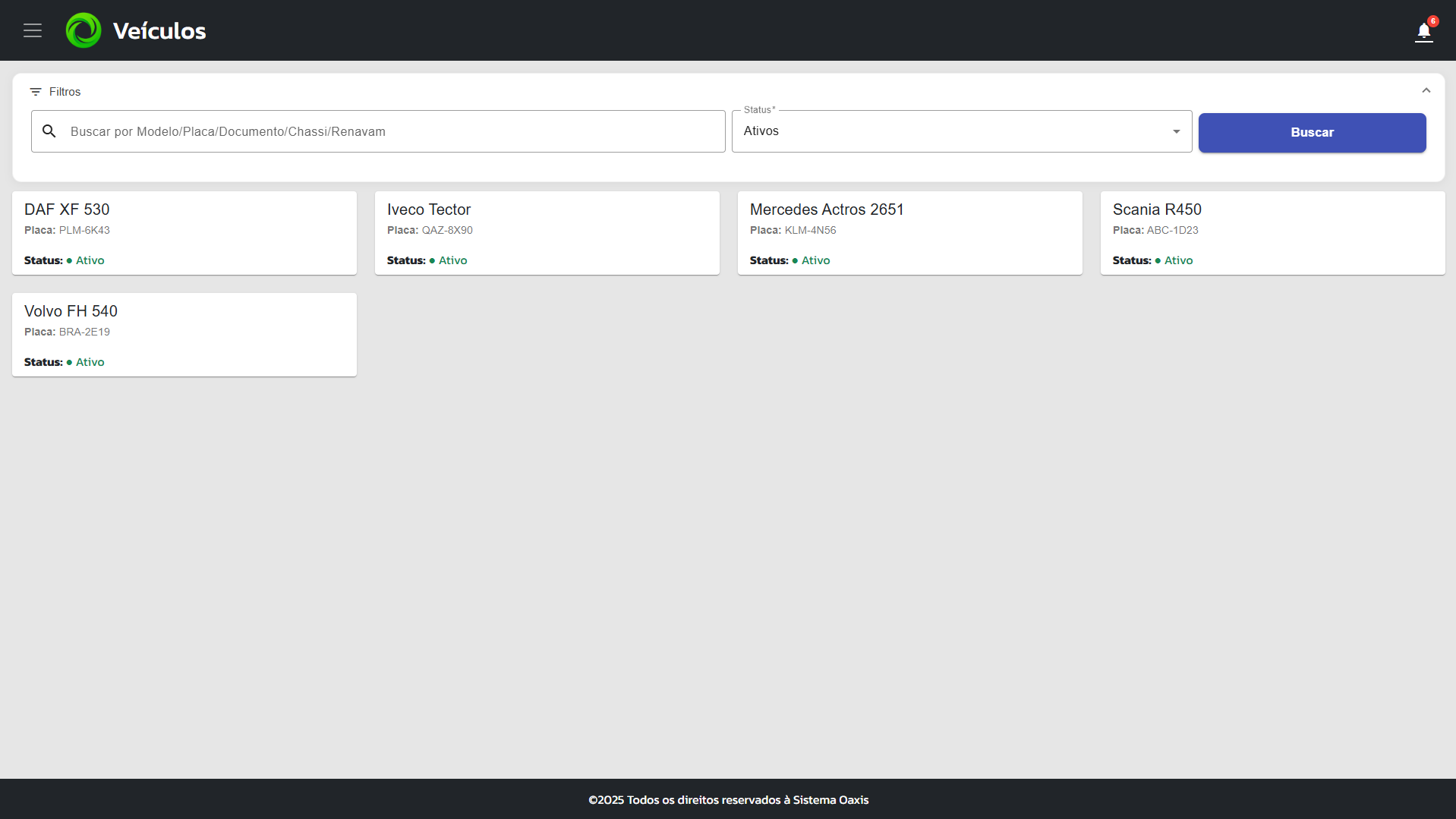 Cadastro de veículo com dados técnicos e vínculos ao proprietário.