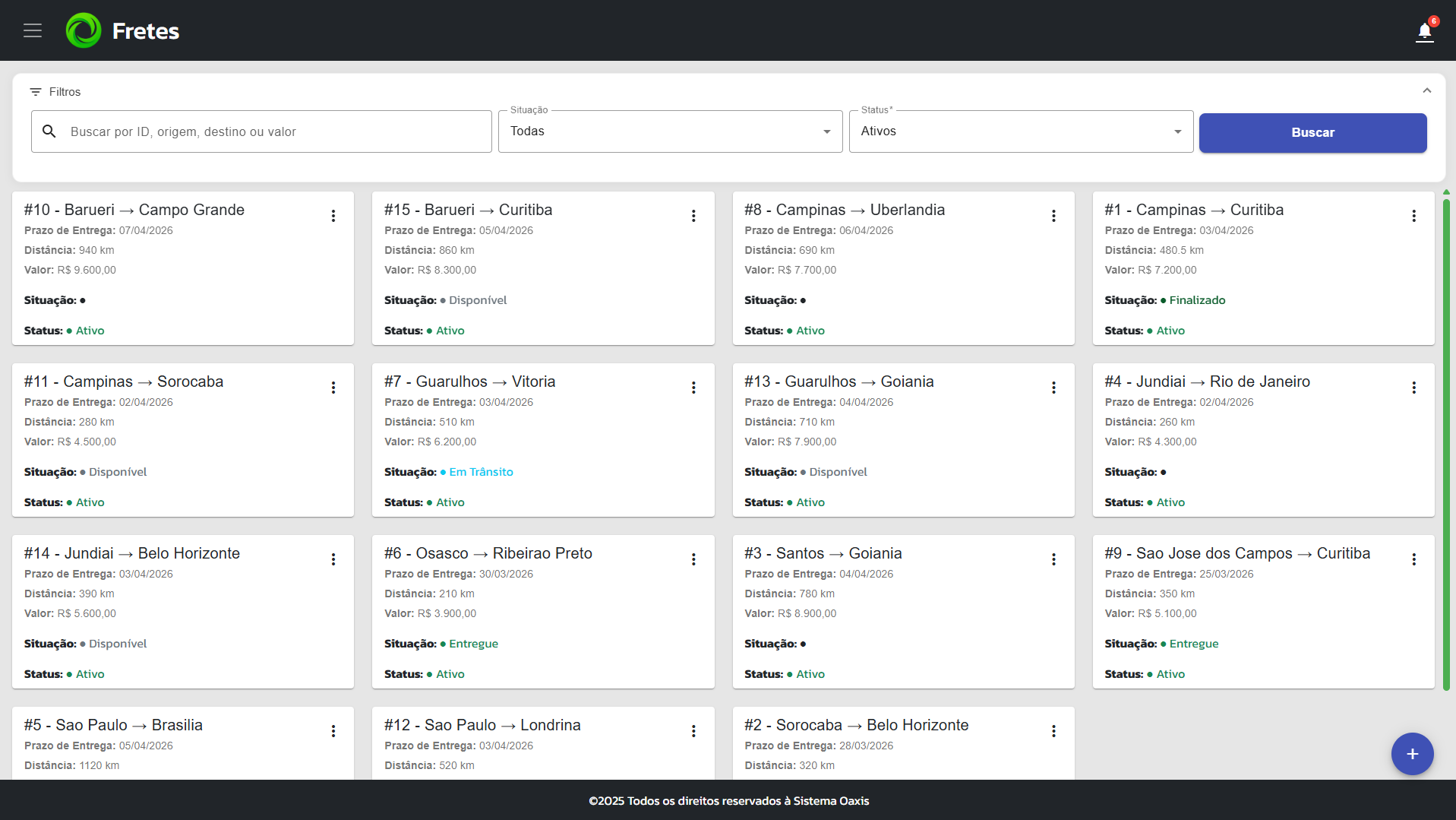 Tela de cadastro de frete com dados completos da operação.
