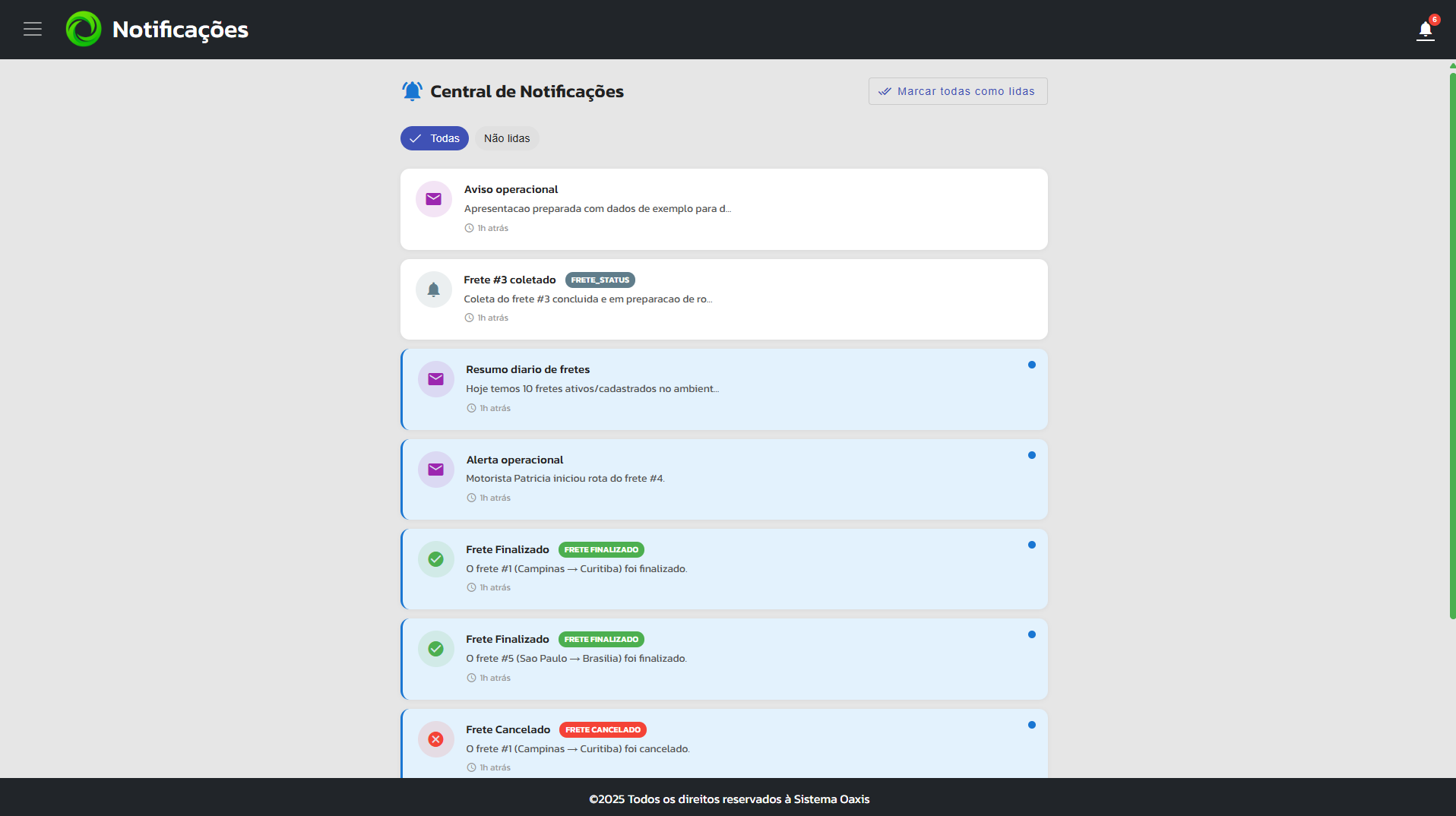 Central de notificações em tempo real para ações e alertas.