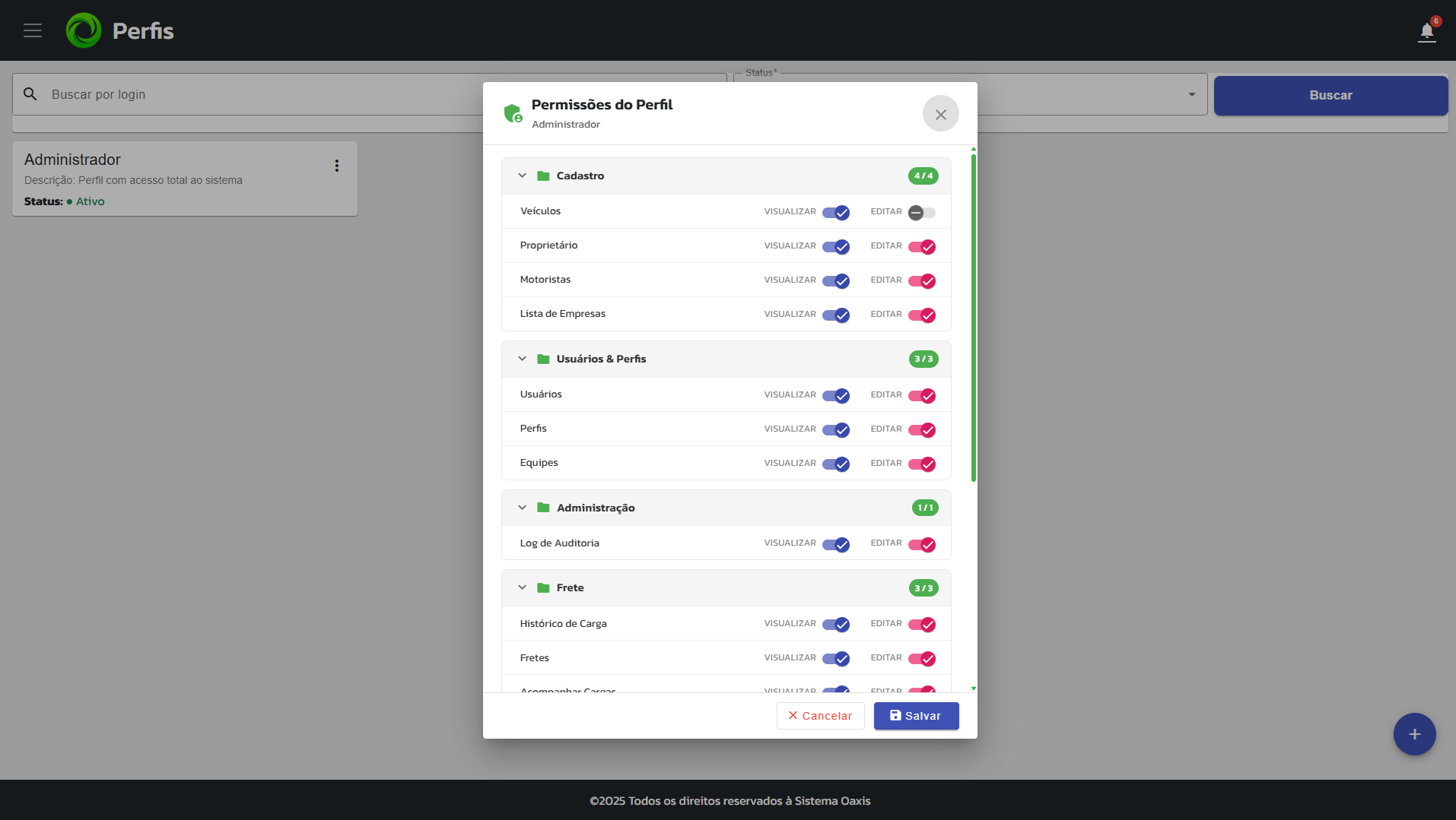 Controle de permissões granulares por perfil e tela do sistema.